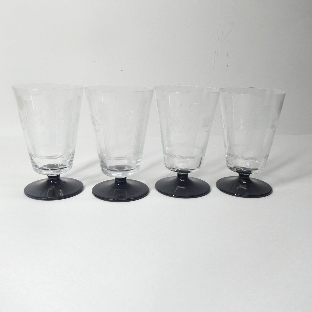 Art Deco 4 Footed Glasses Set 3 7/8" Etched Pattern Black Base
